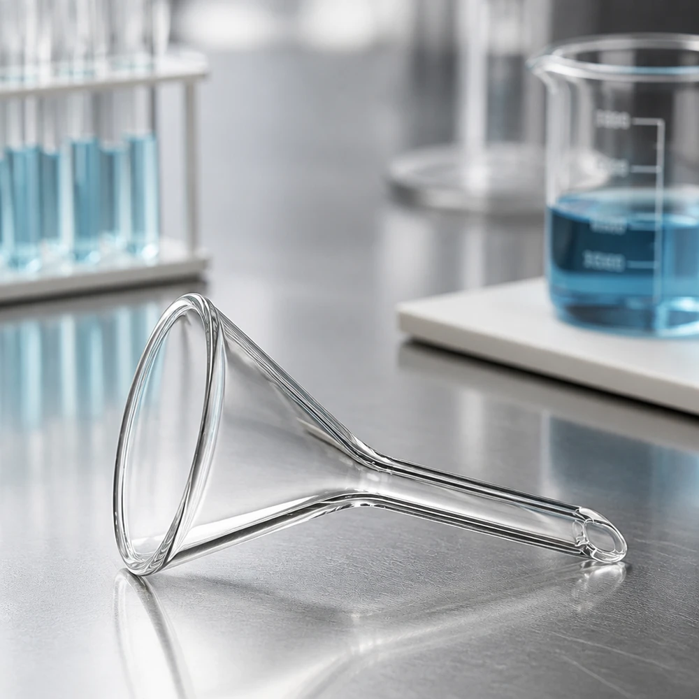 Glazen trechter Ø 30mm - kalk-soda-glas - 60° hoek Precisie glazen trechter 30mm met 60 graden hellingshoek en kort handvat voor chemische toepassingen