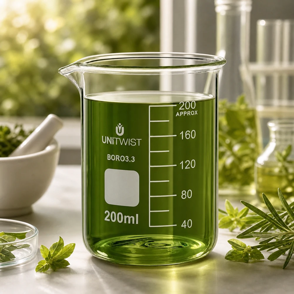 Doorzichtig bekerglas van 200 ml met groene inhoud, naast een vijzel en verse kruiden voor natuurlijke toepassingen