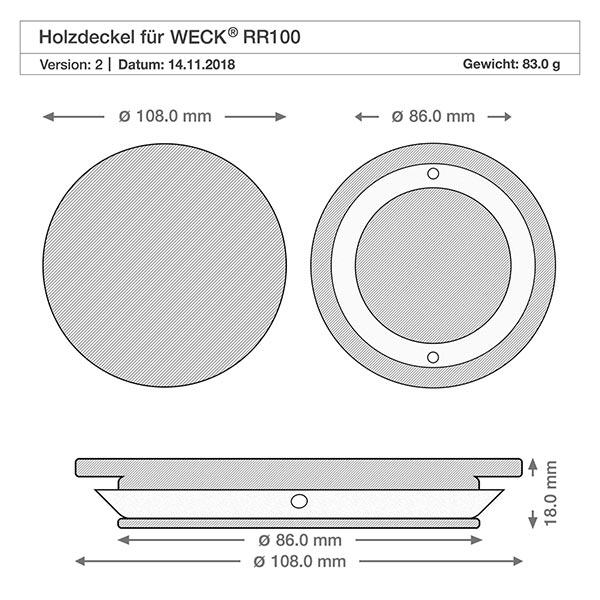 Technische Zeichnung WECK RR100 Holzdeckel mit Maßangaben 108mm Durchmesser und 18mm Höhe für perfekte Passform