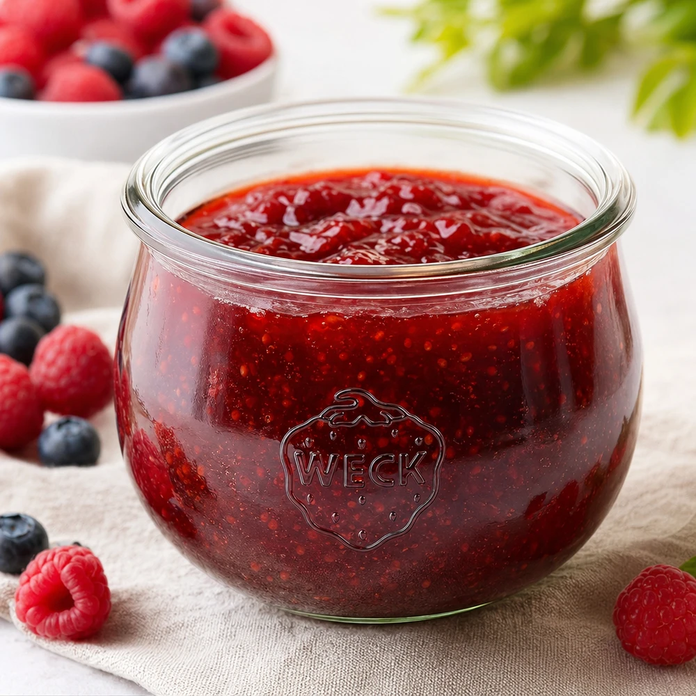 WECK tulpenpot 580ml RR100 gevuld met rode jam, omringd door verse bessen op een houten basis