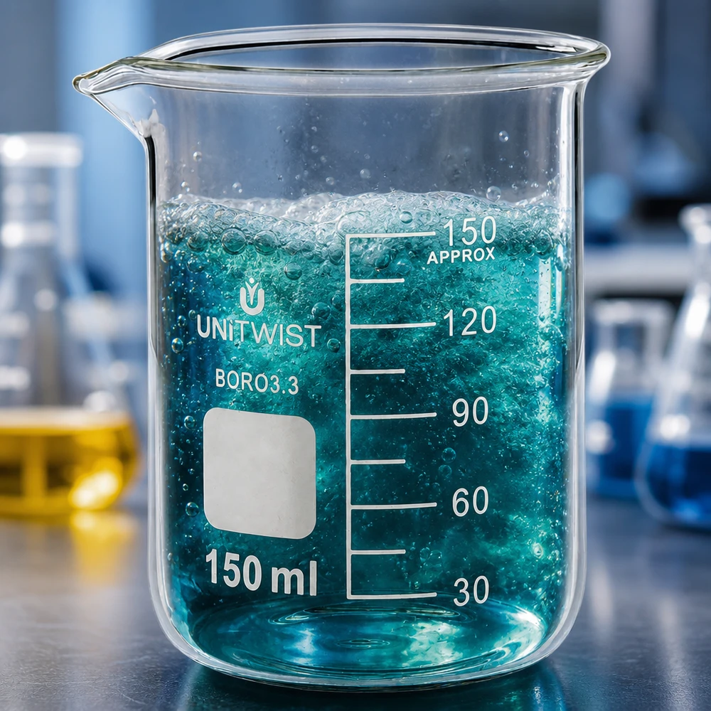 UNiTwist bekerglas 150 ml, borosilicaat, laag model met opschrijfvlak en schuimende reactie