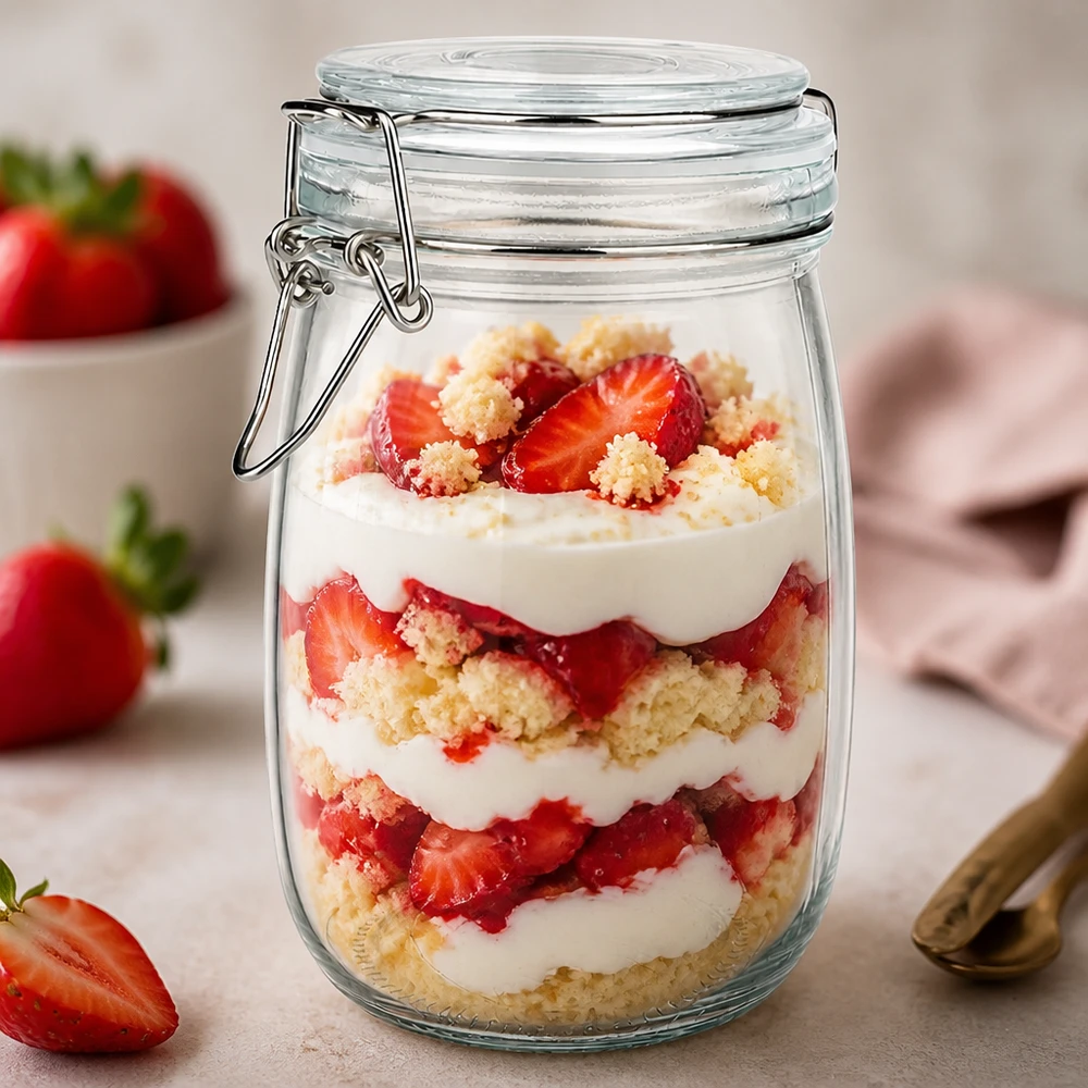 1000 ml voorraadpot type S met scharnierende top UN. Grote voorraadpot van 1000 ml met aardbeientoetje - ideaal voor het bereiden van maaltijden en het bewaren van desserts