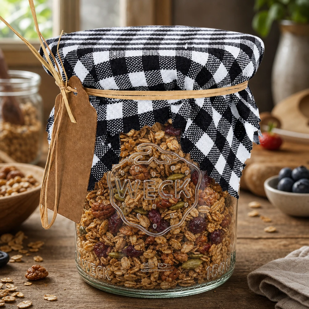 Zwart-wit geblokte decoratieve doily op muesli pot, rustieke keuken opslag 12cm vierkant