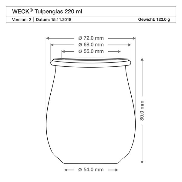 220ml tulpenpotten WECK RR60 WECK tulpenpot 220ml RR60 technische tekening met afmetingen, diameter en hoogte in millimeters