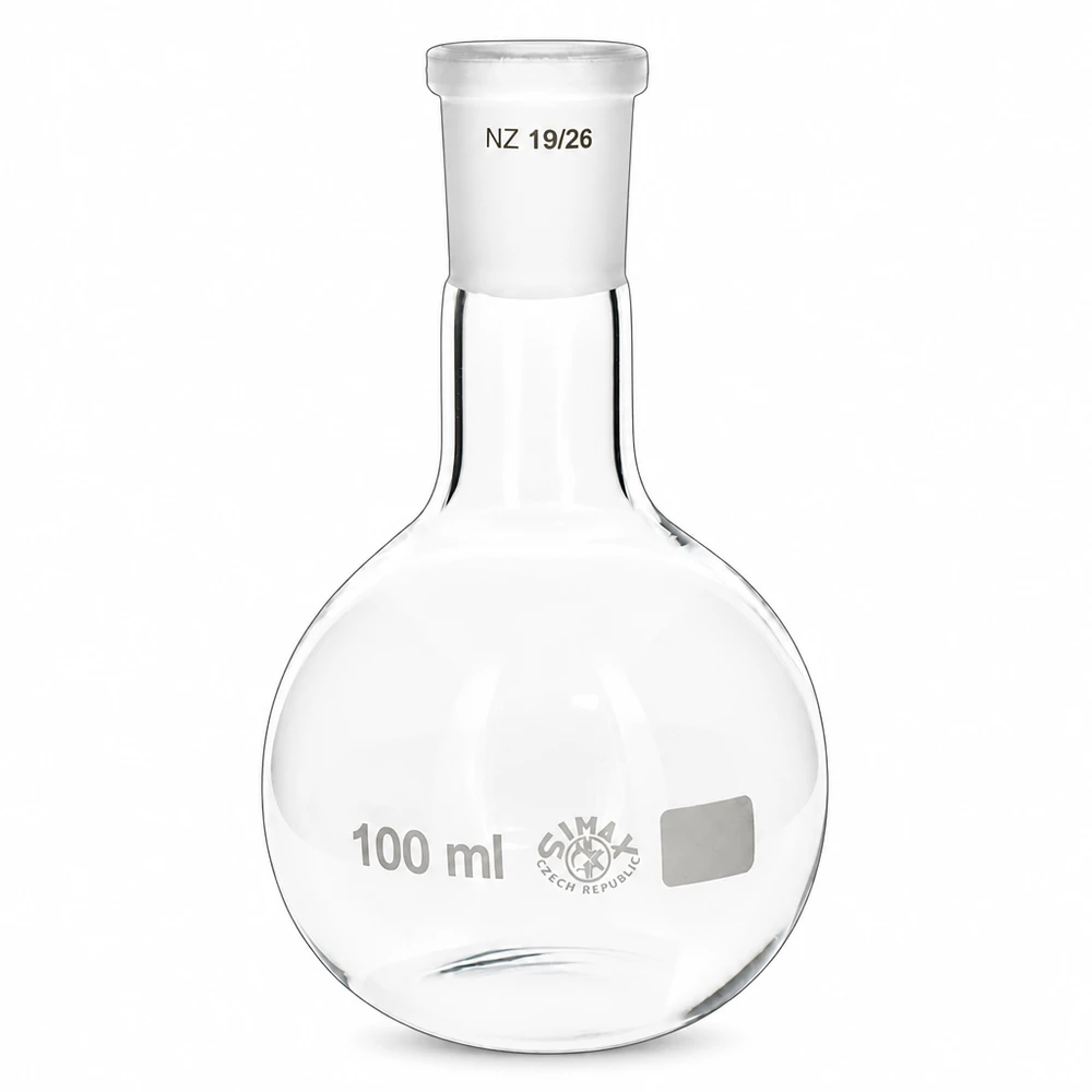 Platbodem kolf 100ml nauwe hals borosilicaat met slijpstuk 19/26 Rondbodemkolf 100 ml volume met 19/26 slijpstuk voor organische chemie