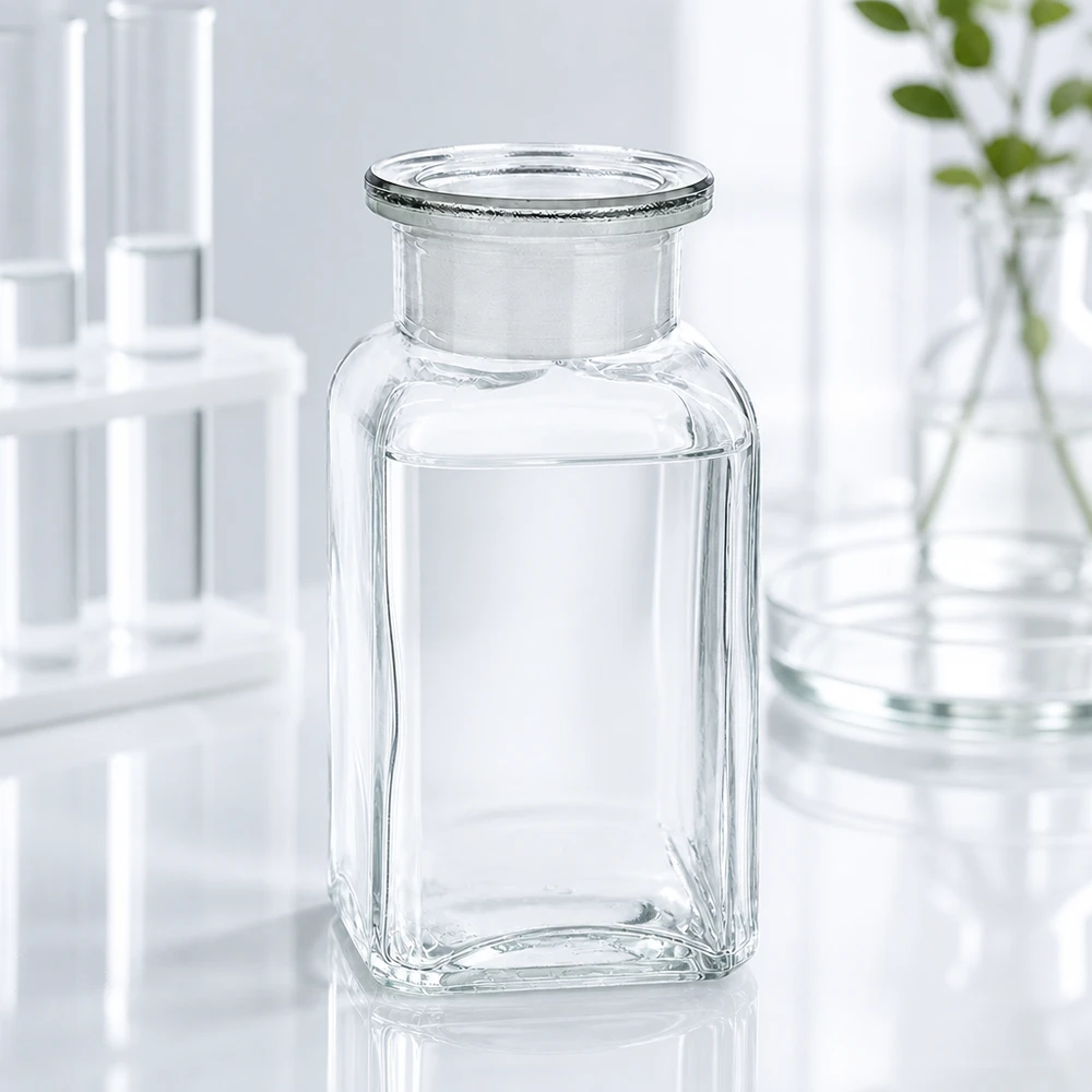 Vierkant-apothekersfles 100 ml wijde hals helder glas incl. glazen stop Vierkante fles van helder glas, 100 ml, met glazen stop, voor de farmaceutische industrie, cosmetica en levensmiddelen