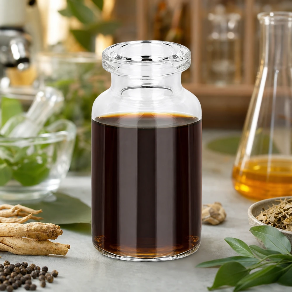 Injectiefles helder glas 10ml Zylindrische Injektionsflasche 10ml Klarglas mit dunklem Kräuterkonzentrat und getrockneten Wurzeln