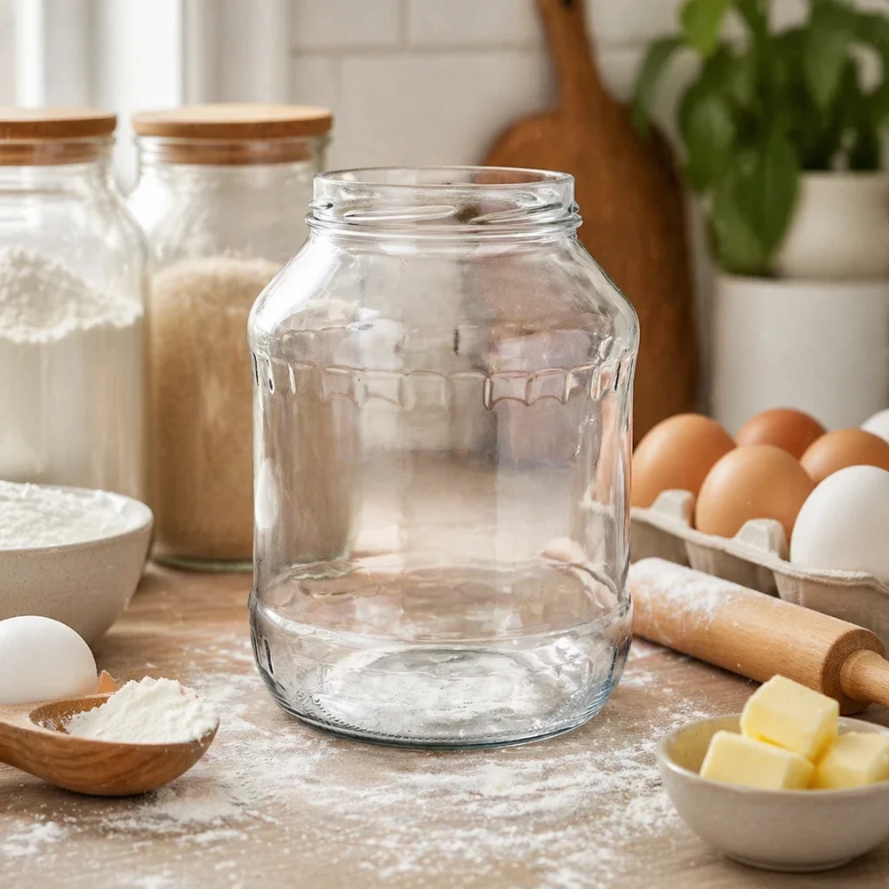 UNiTWIST Runda2650 bekers 2650ml leeg op keukentafel met bakingrediënten eieren boter bloem keukenscène TO100 draad