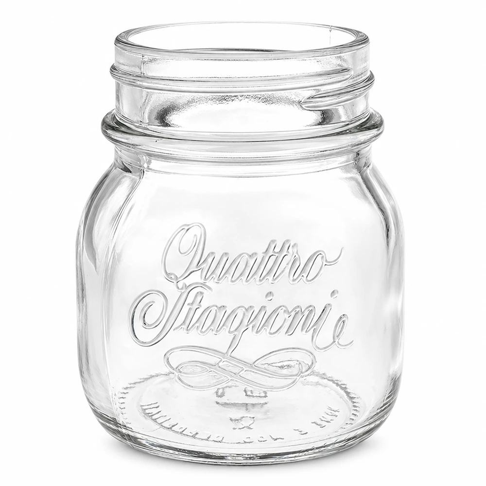 150ml huishoudglas "Quattro Stagioni" 150 ml Quattro Stagioni inmaakpot van helder glas met reliëfopdruk en schroefdraad