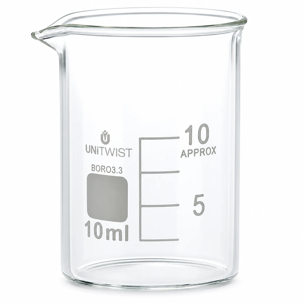 Beker 10ml borosilicaat, lage vorm UNiTWIST Laboratoriumglas 10 ml, lage vorm, borosilicaat 3.3, met schrijfveld en nauwkeurige volumeschaal