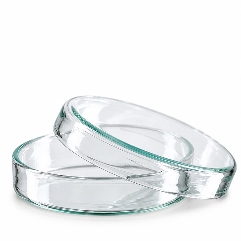 Ronde, platte glazen petrischaal met een diameter van 60 mm en een hoogte van 15 mm voor laboratoriumgebruik