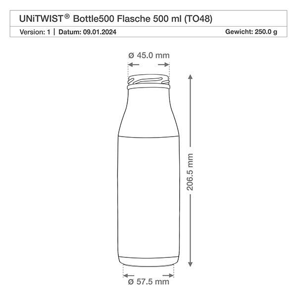 Technische tekening 500ml glazen fles TO48 UNiTWIST met afmetingen: 205,5mm hoogte, 57,5mm diameter, 250g gewicht