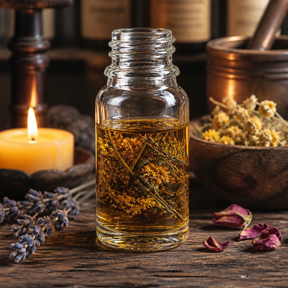 10ml apothekersfles ClearLine DIN18 UNiTWIST Glazen flesje van 10 ml met gedroogde kruiden en bloemen in goudkleurige kruidenolie
