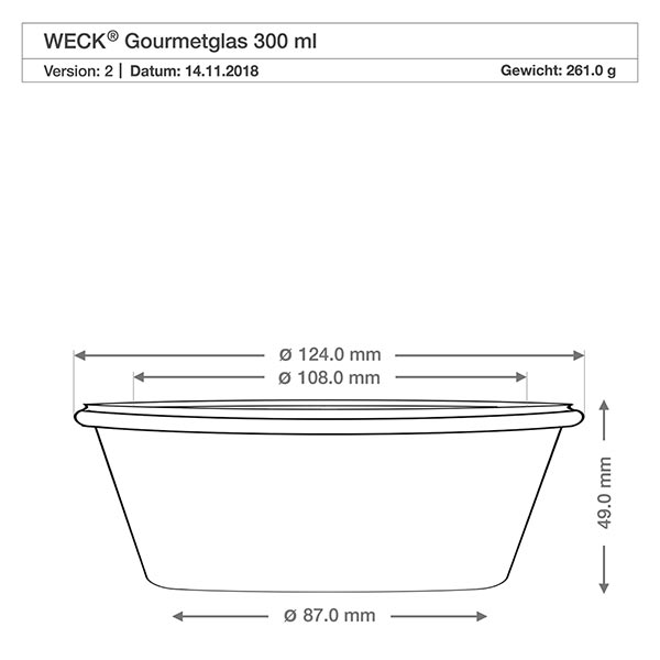 WECK RR120 gourmetglas van 300 ml Technische tekening WECK RR120 gourmetpot 300ml met afmetingen diameter 124mm 108mm 87mm hoogte 49mm