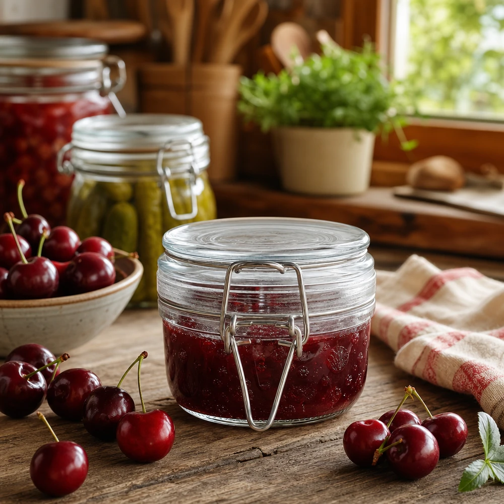 200 ml voorraadpot type S met scharnierende top UN. Ronde voorraadpot van 200 ml met draaidopdeksel, perfect voor zelfgemaakte jam en marmelade