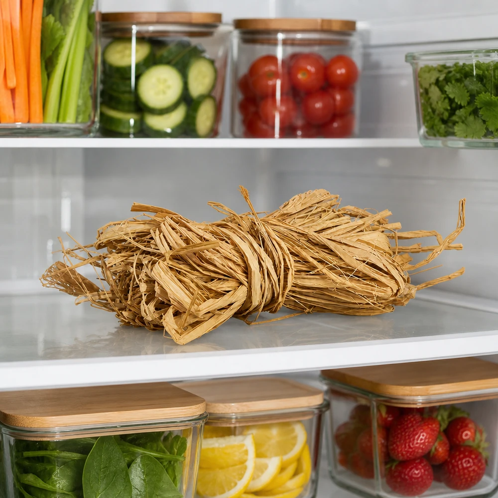 Natuurlijke raffia 30g goudbeige bewaard in de koelkast naast groenten toont praktische opslag voor knutselmaterialen