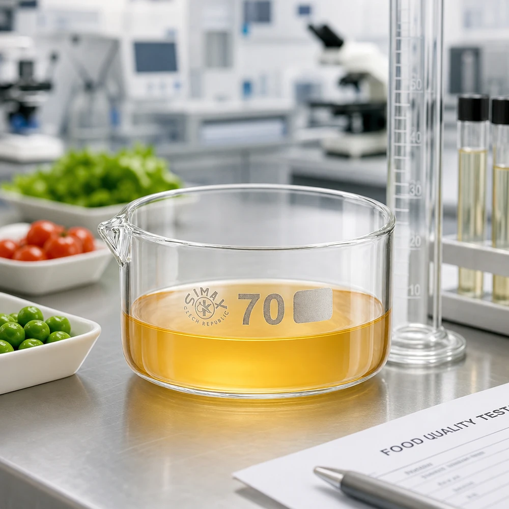 Kristalliseerschaal 100ml met schenktuit Simax-glazen schaal van 100 ml met amberkleurige vloeistof voor voedselanalyse in het profiel