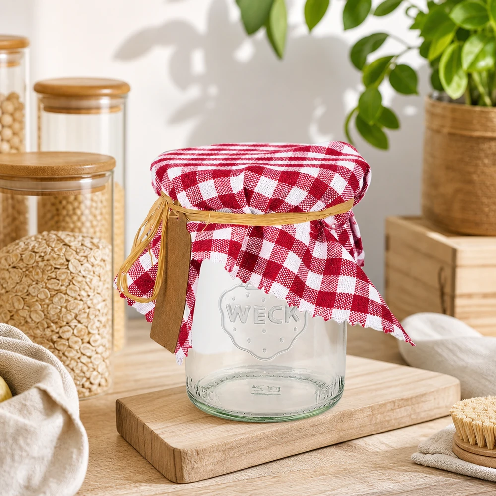 Bordeaux geruite stoffen doily op een weckpot in een Scandinavische keuken met houten accessoires en groene planten