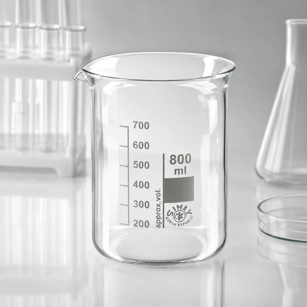 Bekerglas 800 ml van hittebestendig borosilicaatglas (laag model) Transparant borosilicaatglas bekerglas van 800 ml met duidelijke milliliterverdeling voor nauwkeurige metingen