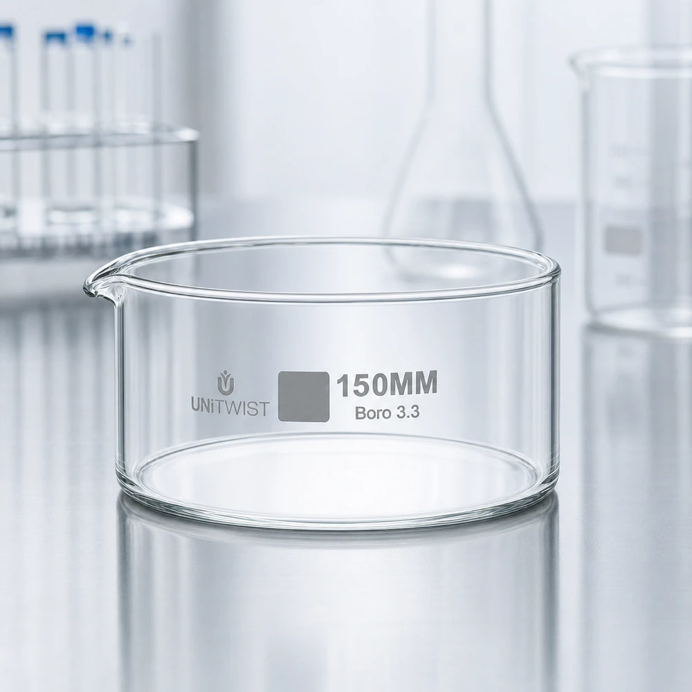 Kristalliseer schaal ø150mm borosilicaatglas UNiTWIST Cilindrische laboratoriumschaal, diameter 150 mm, UNiTWIST, transparant borosilicaatglas, met uitgietmond