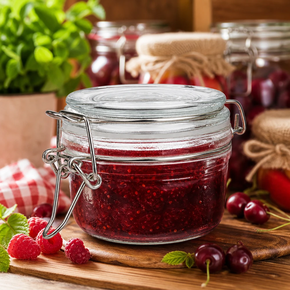 100 ml voorraadpot type S met scharnierende top UN. Compact glazen potje van 100 ml met draaidop, perfect voor zelfgemaakte jam en marmelade