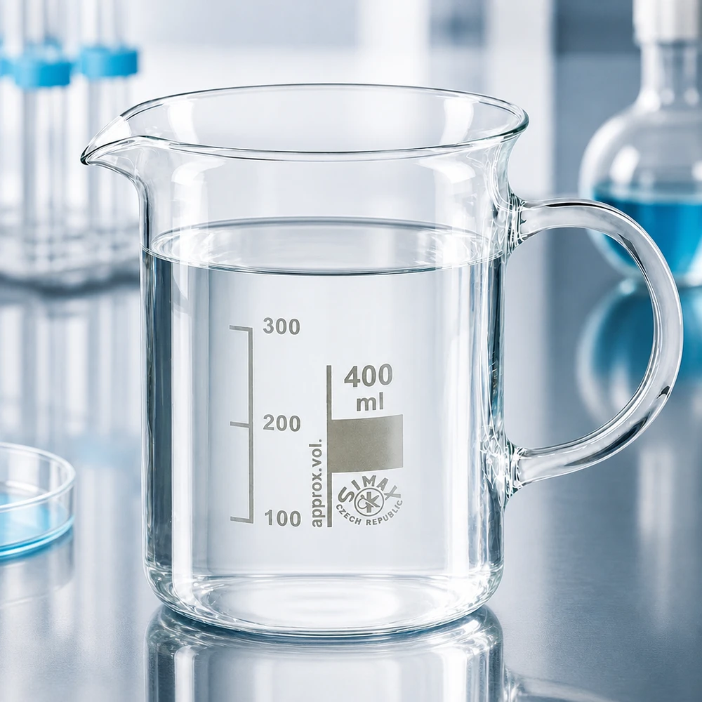 Bekerglas 400 ml van hittebestendig borosilicaatglas met handvat Cilindrisch bekerglas van 400 ml, van borosilicaatglas, met handvat en schenktuit, voor laboratoriumgebruik