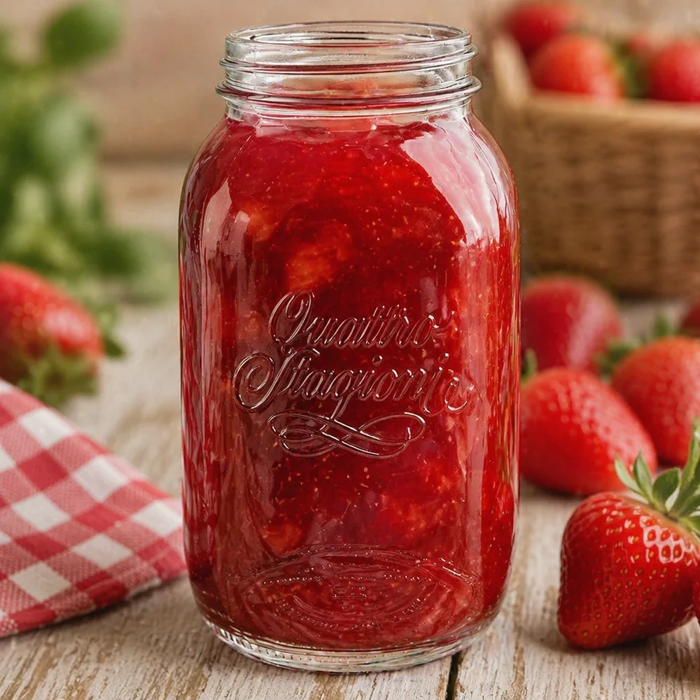 1500ml huishoudglas "Quattro Stagioni" 1500ml Quattro Stagioni huishoudpot gevuld met aardbeienjam omringd door verse aardbeien op een houten tafel