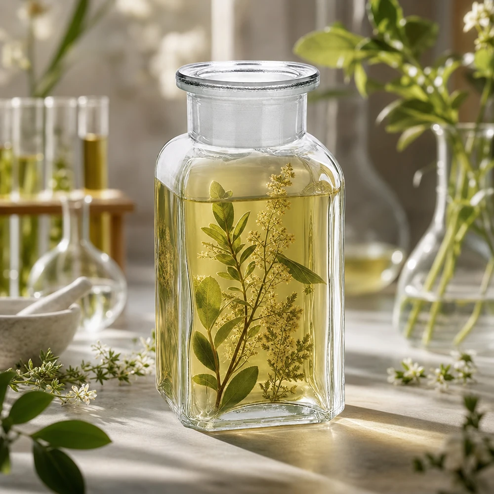 Vierkant-apothekersfles 100 ml wijde hals helder glas incl. glazen stop Apothekersflesje van 100 ml, helder, vierkant, gevuld met botanische ingrediënten op een lichte achtergrond