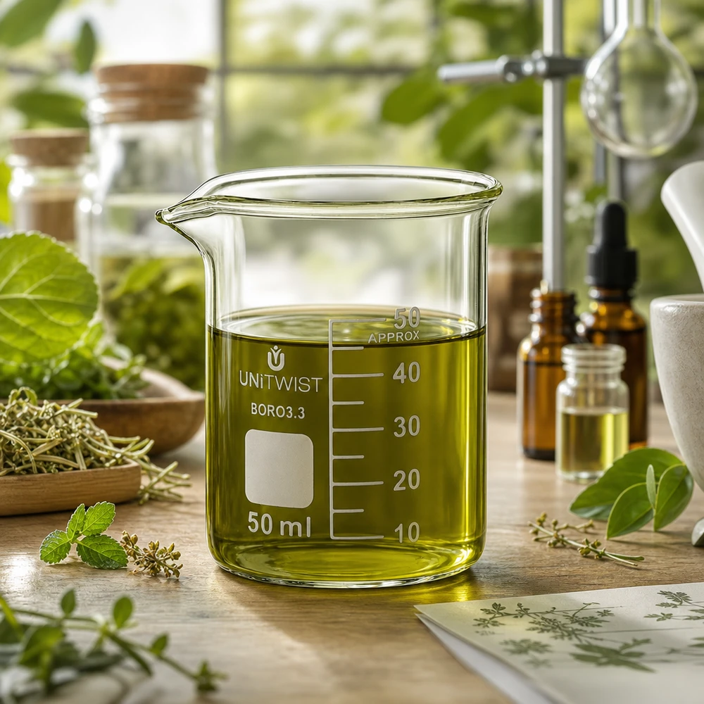 Klein bekerglas 50 ml UNiTWIST BORO 3.3 voor natuurgeneeskundige toepassingen met kruidenextract