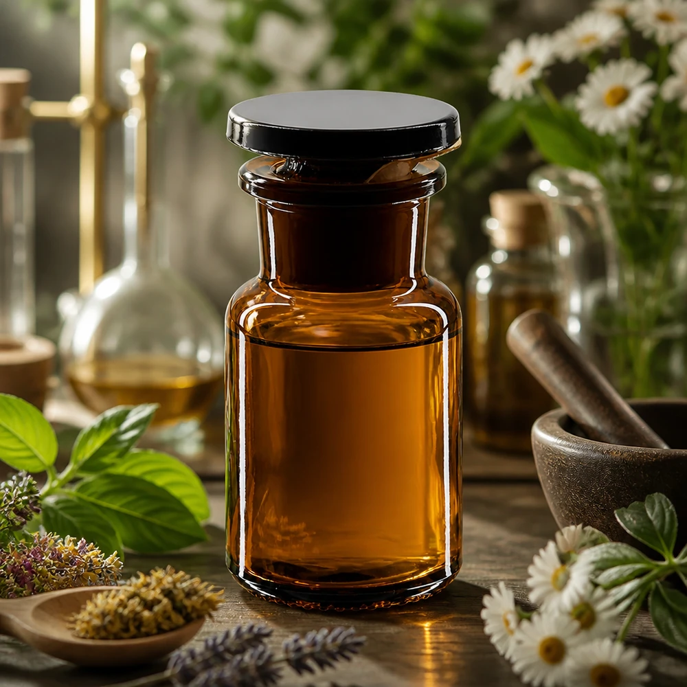 Apothekersfles 50 ml wijde hals bruin glas incl. glazen stop Compacte voorraadfles van 50 ml van bruin glas met brede hals voor oliën, tincturen en extracten
