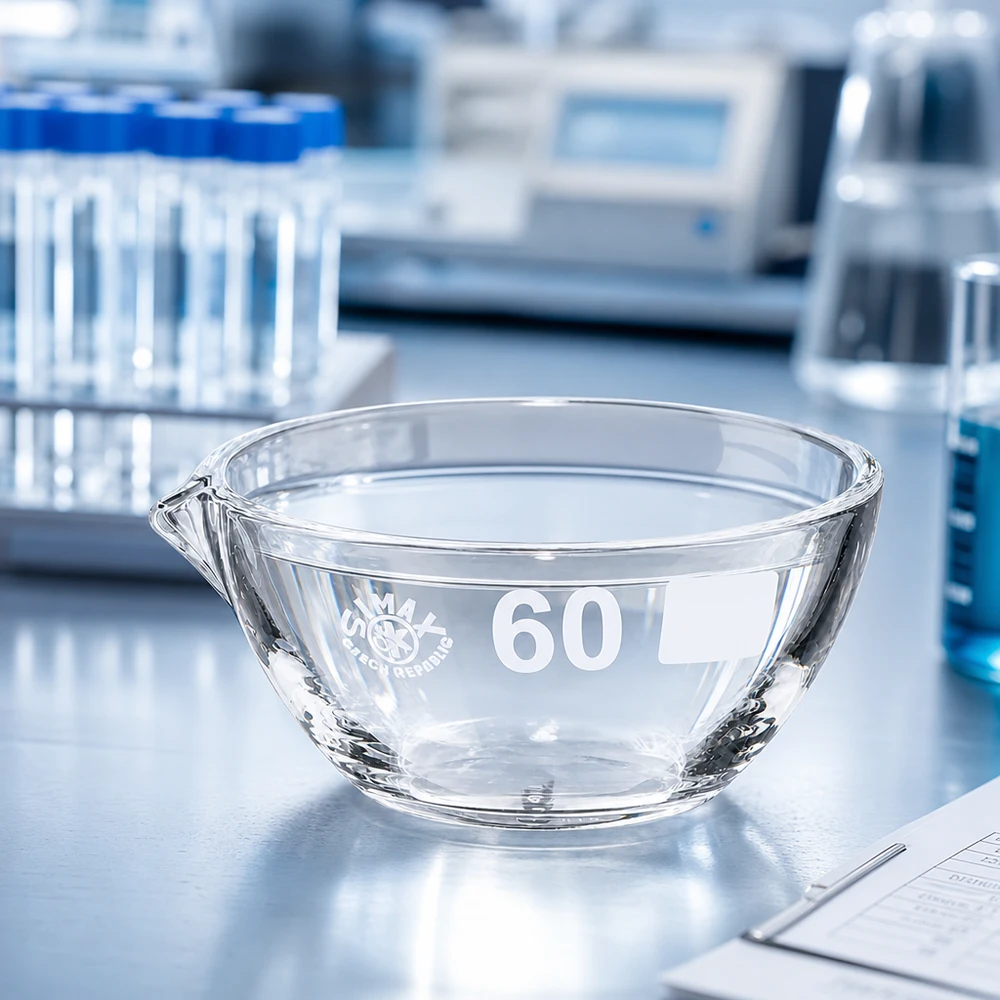 Indampschaal 45ml van borosilicaatglas met schenktuit Handige 60mm verdampingsschaal 45ml gemaakt van borosilicaat met schenktuit voor verdampingsproces