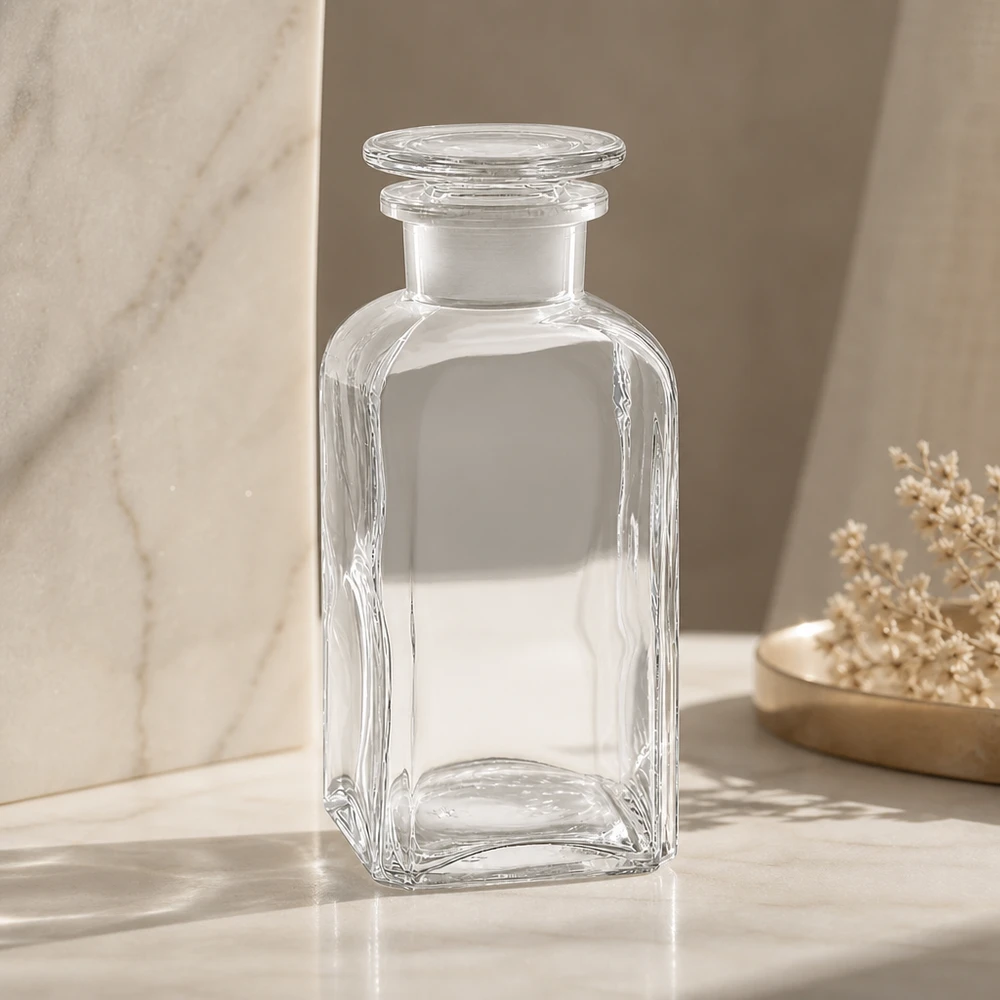 Vierkant-apothekersfles 350 ml wijde hals helder glas incl. glazen stop Glazen fles van 350 ml, vierkant, met brede hals en afgeronde hoeken, voorzien van een glazen stop, voor vloeistoffen