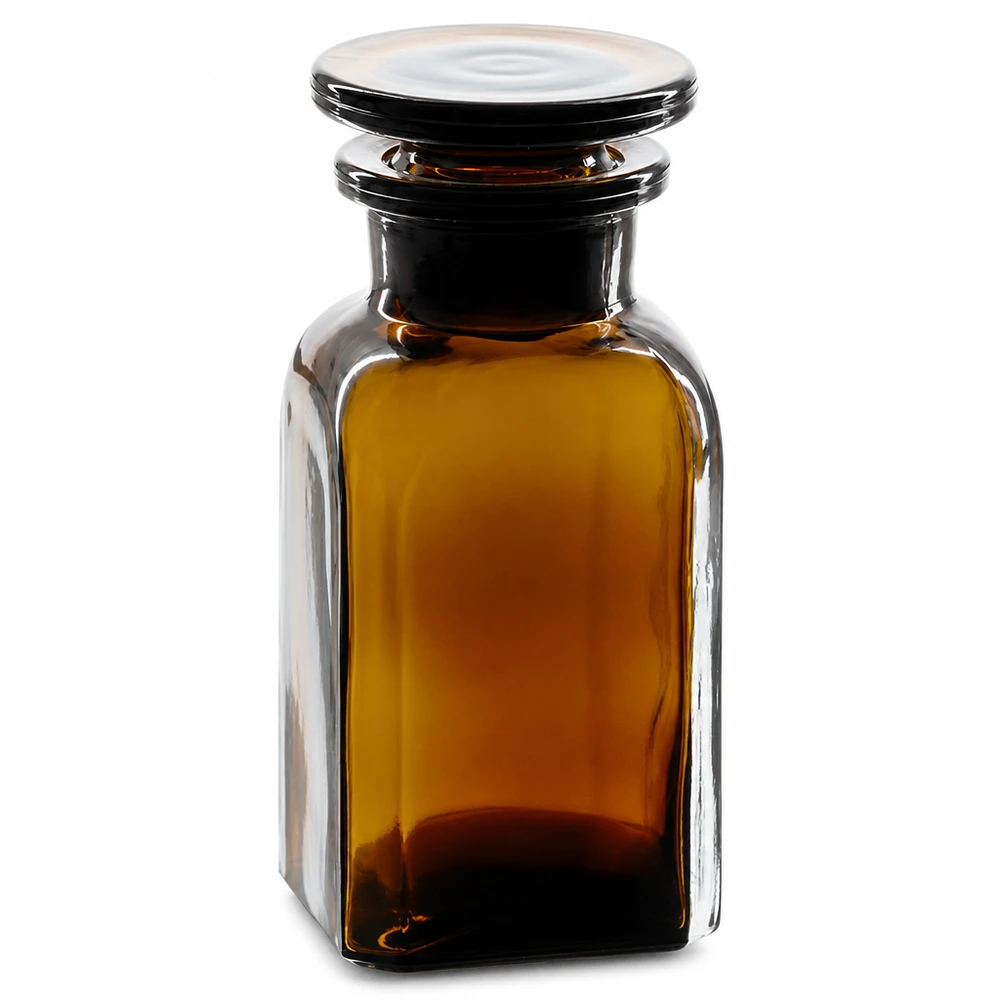 Vierkant-apothekersfles 100 ml wijde hals bruin glas incl. glazen stop Vierkante fles met wijde hals, bruin, 100 ml, met glazen stop, voor chemicaliën en reagentia