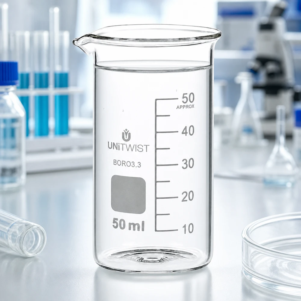 Beker 50ml borosilicaat, hoge vorm UNITWIST UNITWIST bekerglas 50 ml, hoog model, borosilicaatglas, voor gebruik in een professionele laboratoriumomgeving met microscoop