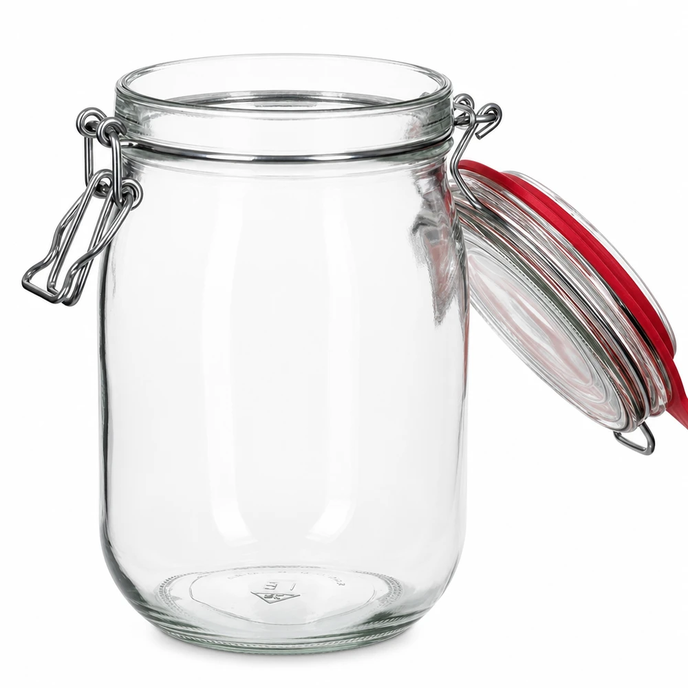 1140 ml voorraadpot type G met beugelsluiting UN.. Grote glazen inmaakpot met rode rubberen afdichting en metalen handvat 1140ml