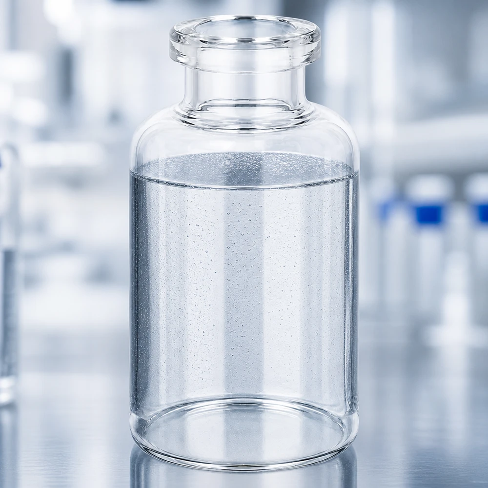 Injectiefles helder glas 30ml Transparente 30ml Pharmaglasflasche mit wässrigem Inhalt und sichtbaren Mikroblasen Laborumgebung