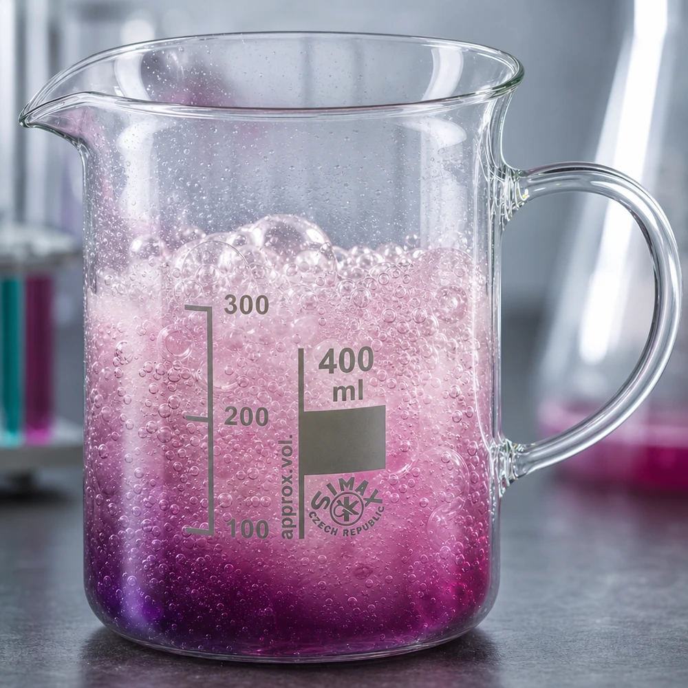 Bekerglas 400 ml van hittebestendig borosilicaatglas met handvat Doorzichtig bekerglas van 400 ml met handvat en bruisende roze vloeistof, gemaakt van borosilicaatglas