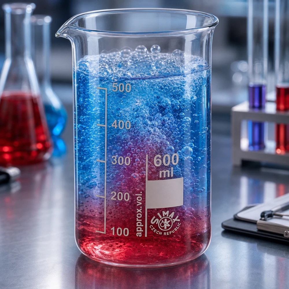Bekerglas 600 ml van hittebestendig borosilicaatglas (hoog model) Laboratoriumbeker van 600 ml, hoog model, met schuimende vloeistof tussen de Erlenmeyer-kolf en de reageerbuisjes