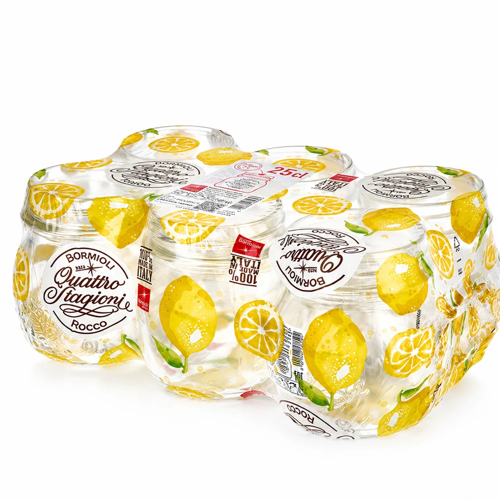 250ml huishoudglas "Quattro Stagioni" Bormioli Rocco Quattro Stagioni inmaakpotten 250 ml met citroenmotief en schroefdeksel set van 6