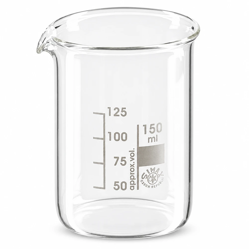 Bekerglas 150 ml van hittebestendig borosilicaatglas (laag model) Bekerglas 150ml van borosilicaatglas met tuit en maatverdeling voor laboratoriumgebruik