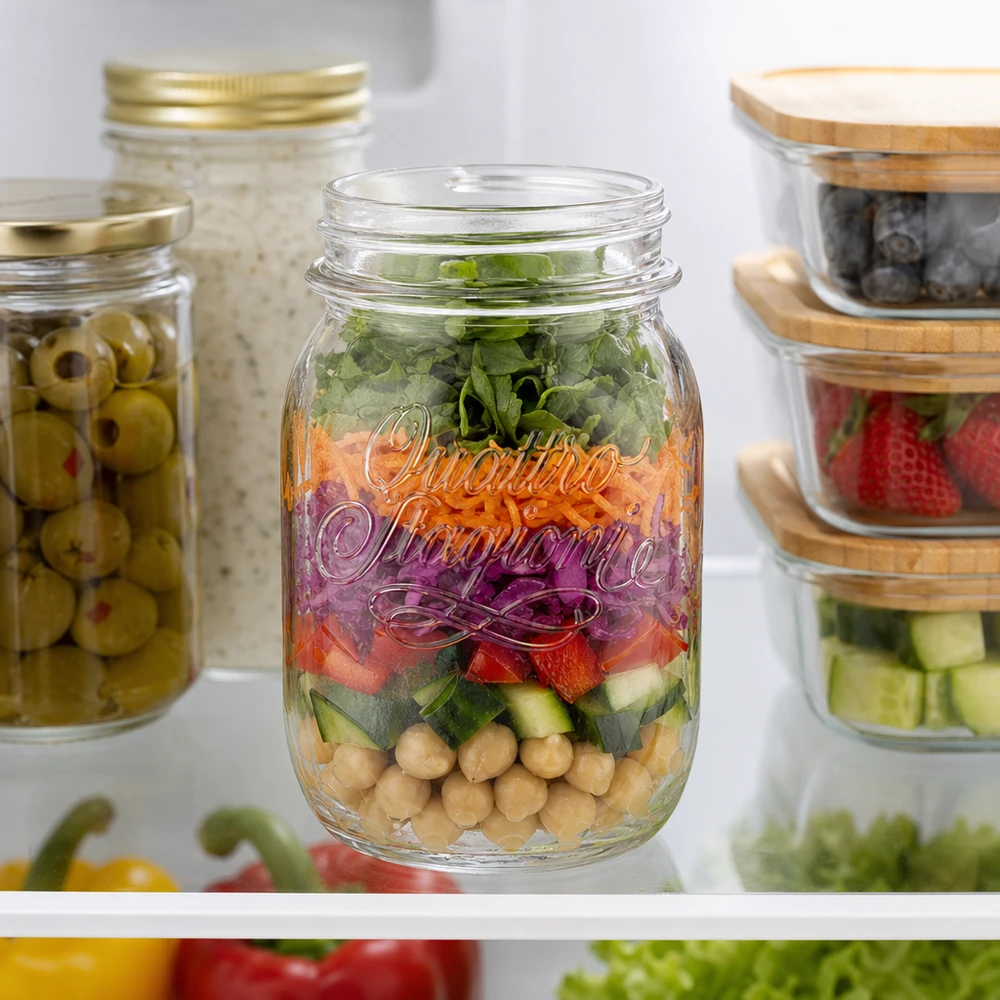 500ml huishoudglas "Quattro Stagioni" 500 ml Quattro Stagioni huishoudpot gevuld met gelaagde salade in de koelkast naast andere voorraadpotten