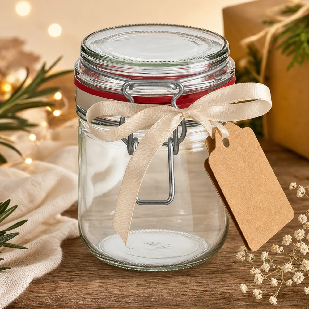 400 ml voorraadpot type G met beugelsluiting UN.. Decoratieve voorraadpot van 400 ml met crèmekleurige strik en cadeaulabel voor speciale gelegenheden