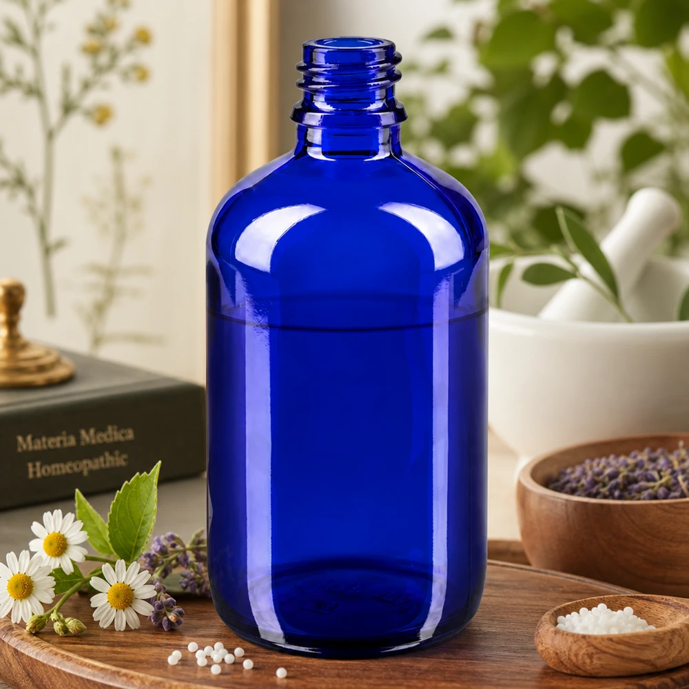 Blauwe glazen fles 100ml Traditionele apothekersfles 100ml van dikwandig blauw glas om lang te bewaren