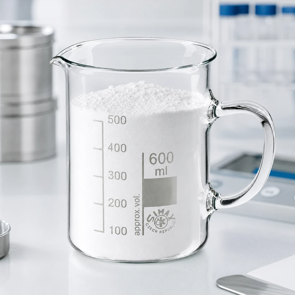 Bekerglas 600 ml van hittebestendig borosilicaatglas met handvat Maatbeker van glas, 600 ml, met handvat en schaalverdeling tot 500 ml, gevuld met wit poeder