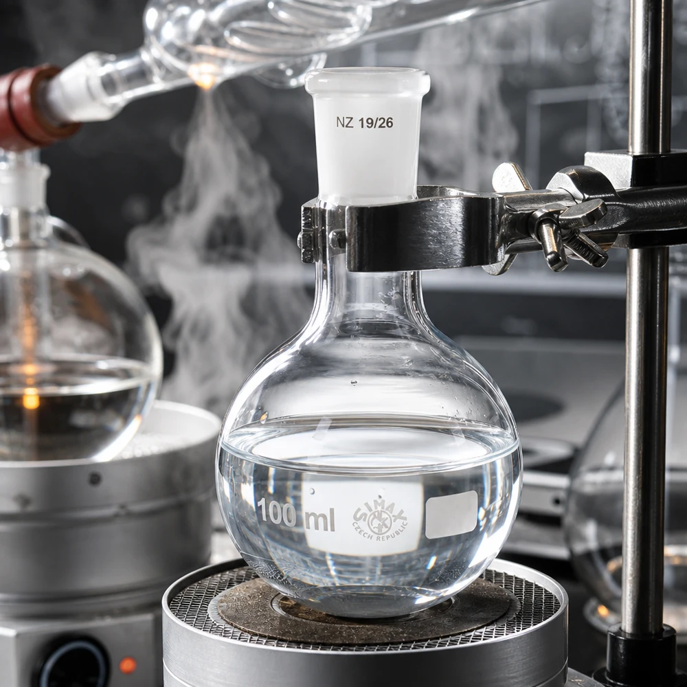 Platbodem kolf 100ml nauwe hals borosilicaat met slijpstuk 19/26 Staande kolf 100ml met ergonomische ronde vorm - chemisch bestendig glas en NS 19/26 geslepen verbinding