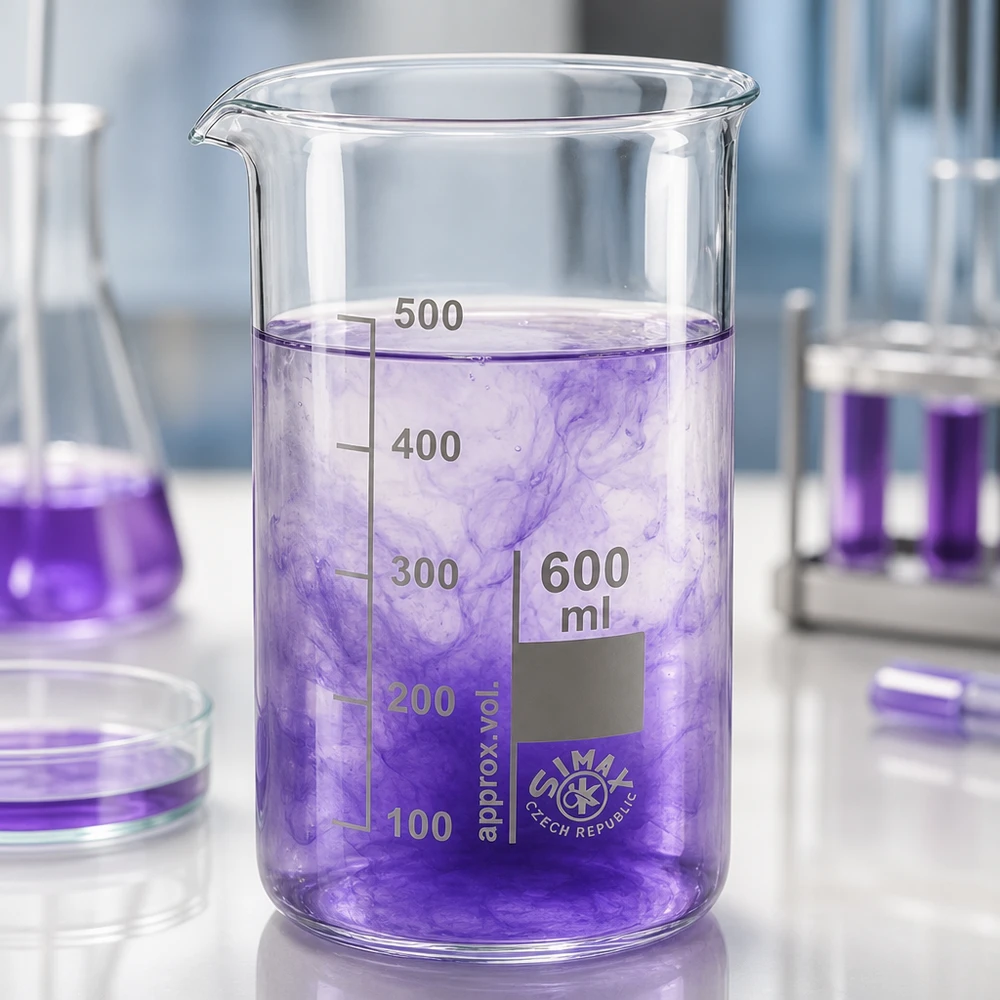 Bekerglas 600 ml van hittebestendig borosilicaatglas (hoog model) Een maatbeker van 600 ml, gemaakt van borosilicaatglas, met een schenktuit en een paarse oplossing tijdens het mengen