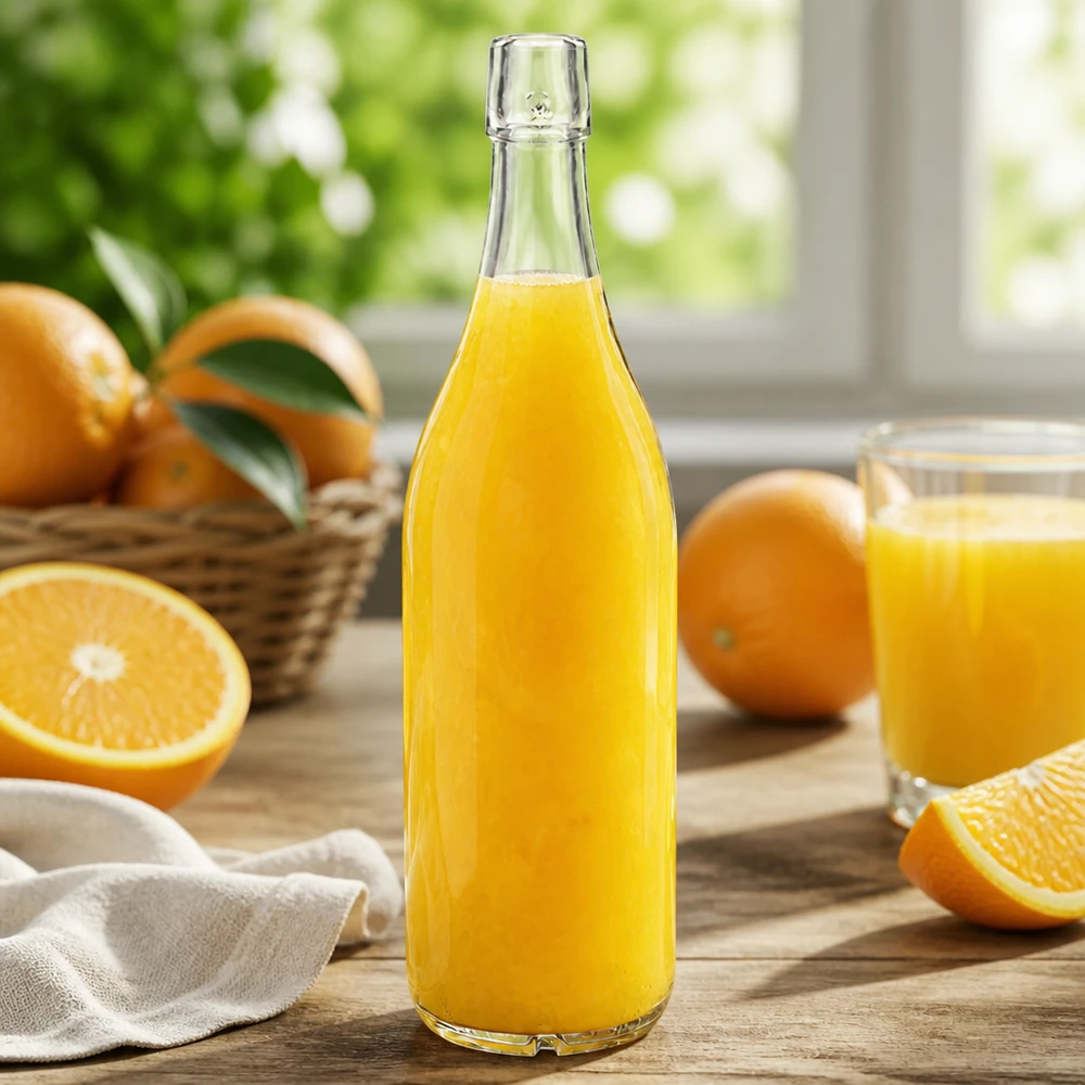 Glazen fles 1000ml UNiTWIST gevuld met sinaasappelsap verse sinaasappels keukentafel natuurlijk licht gezond