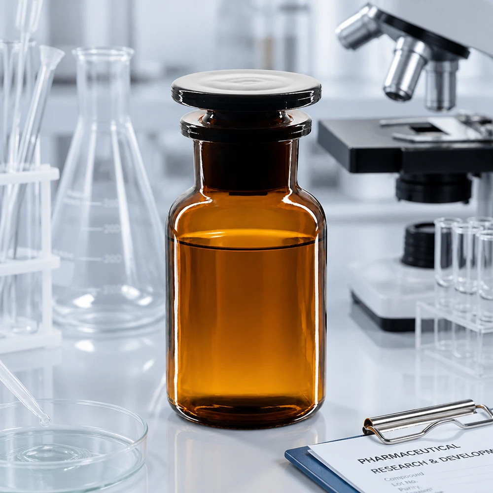 Apothekersfles 100 ml wijde hals bruin glas incl. glazen stop Bruine fles met brede hals, 100 ml, ronde schouders, glazen stop, in een farmaceutische onderzoeksomgeving