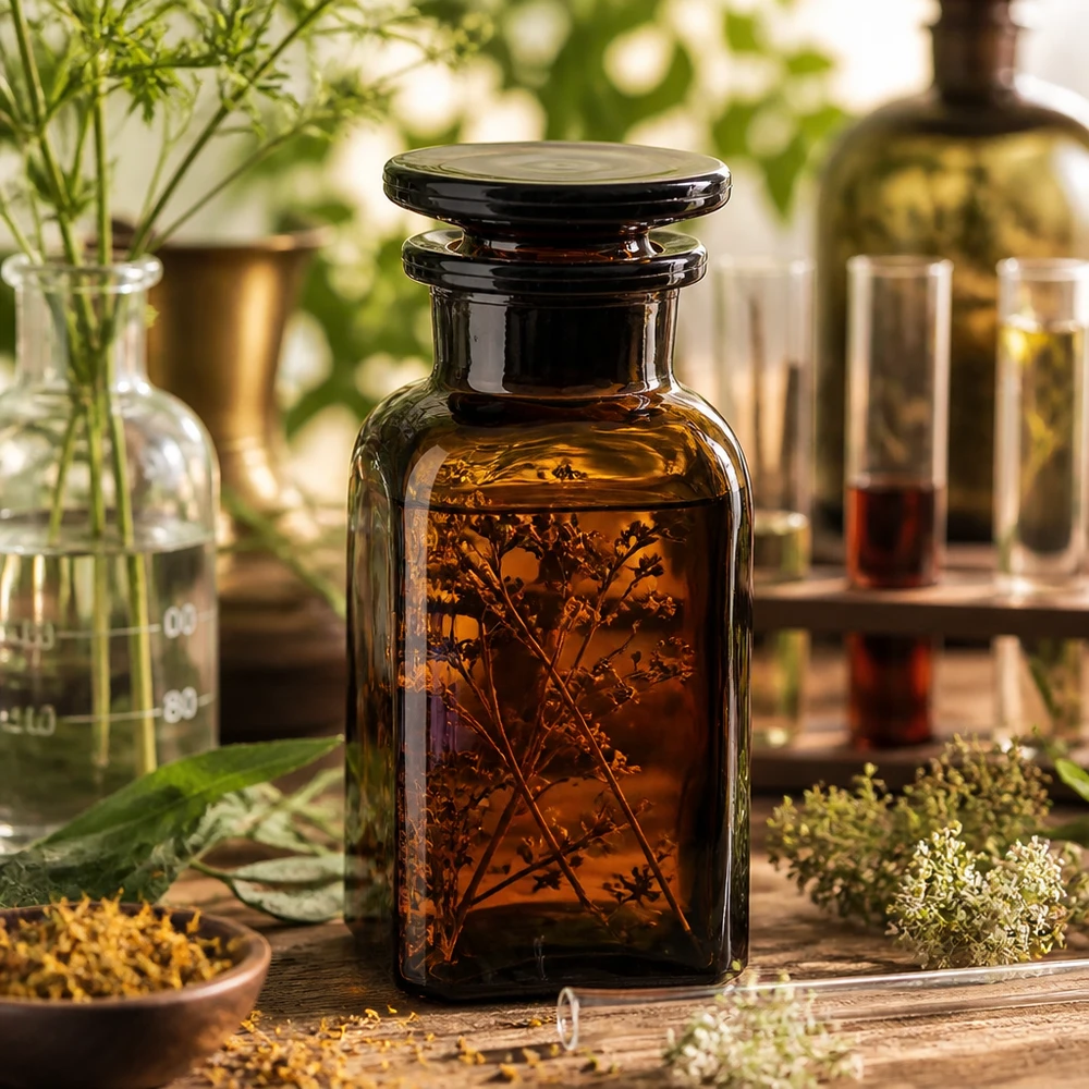 Vierkant-apothekersfles 100 ml wijde hals bruin glas incl. glazen stop Vierkante bruine glazen fles van 100 ml met brede hals voor kruidenoliën, essences en natuurgeneeskunde