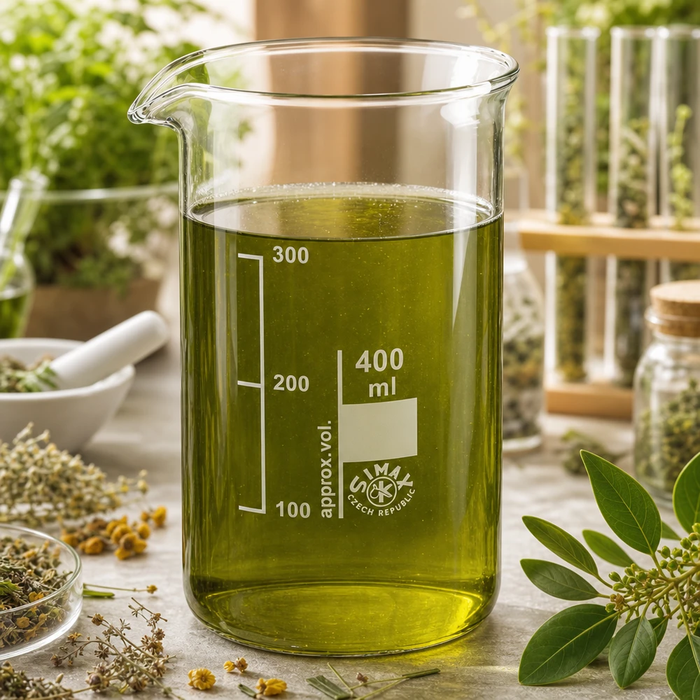 Bekerglas 400 ml van hittebestendig borosilicaatglas (hoog model) Een hoge bekerglas van 400 ml gevuld met geelgroen plantenextract, naast een vijzel en kruiden